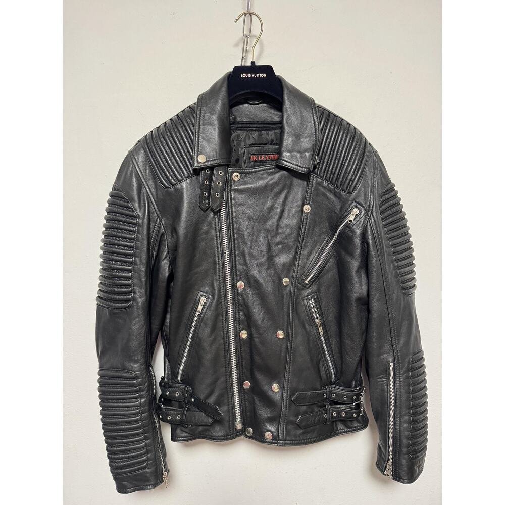 IK Leather Jacket Mens Large Black Biker Moto Asymmetrical Zip Quilted Ribbed
